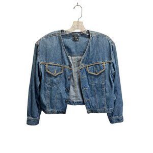 Vintage Lizwear Petite Denim Jacket With Embroidered Pockets & Button Front Clos